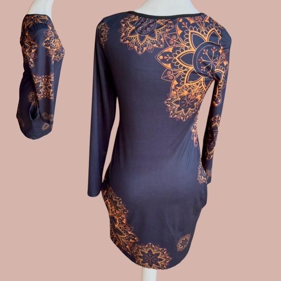 Elegant  Black  and Orange Long Sleeve Dress - Picture 5 of 7